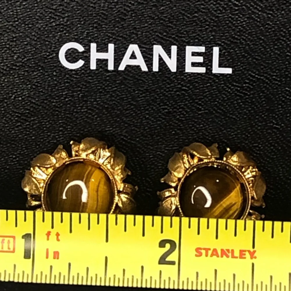 CHANEL 24k Gold Plated Tiger’s Eye Cabochon Clip On Earrings with Box